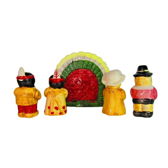 Vintage Thanksgiving Table Set Salt & Pepper Pilgrims Native American Turkey - Picture 2 of 10